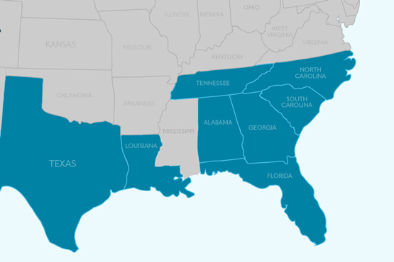 Map of service area from Texas to North Carolina to Florida